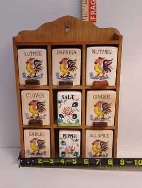 MCM 1950s Fred Roberts Rooster Motif Ceramic Spice Jars Wooden Wall Rack Vintage
